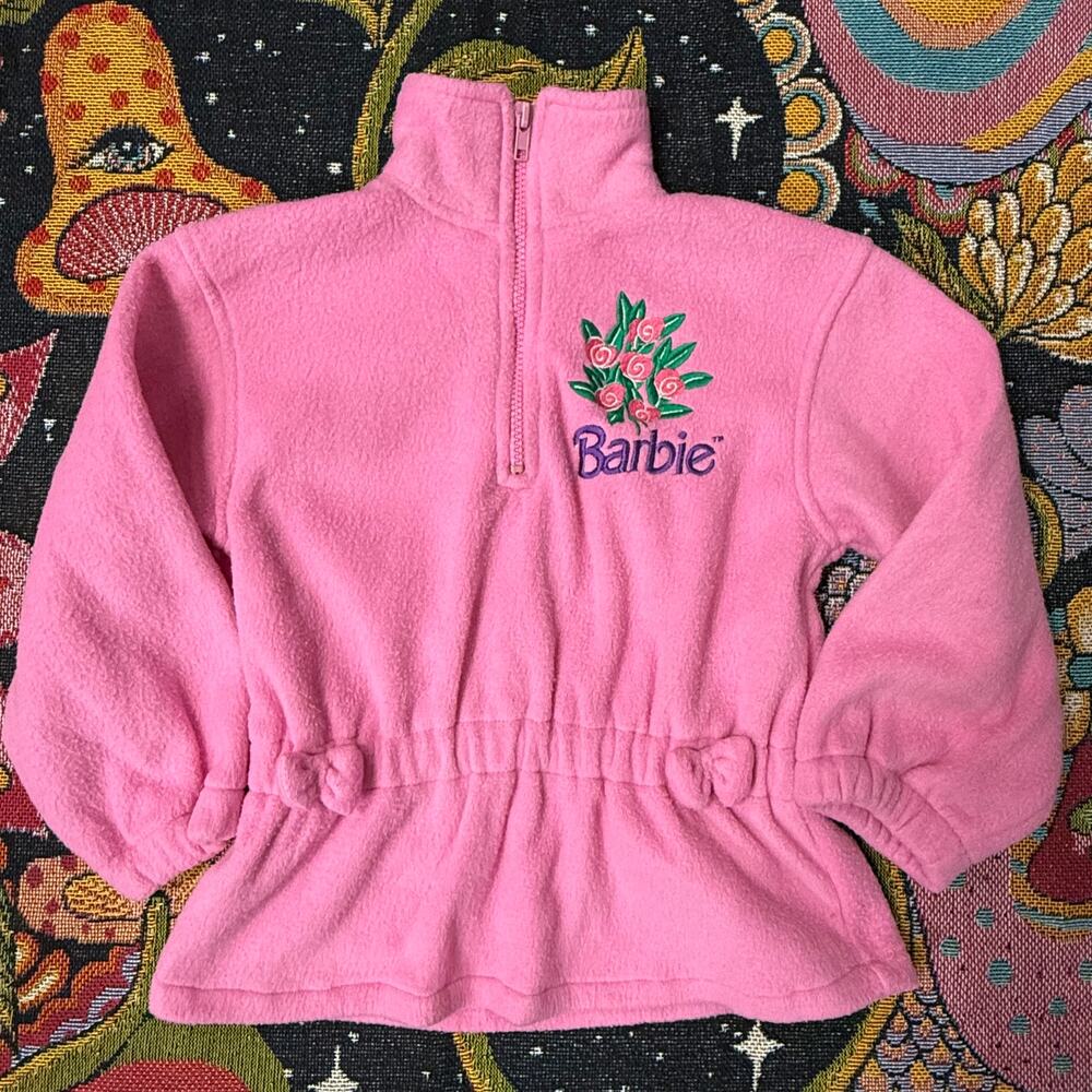 90s Y2k Barbie Pink Floral Embroidered Bow Fleece Pullover Jacket Girls Size 4
